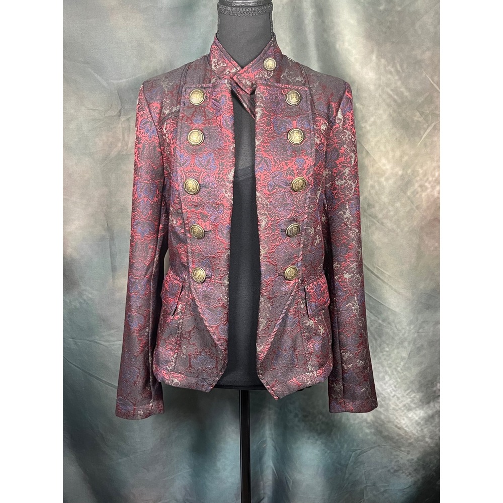 Free People Burgundy Floral Brocade Military Blazer Jacket Metallic Crest Medium